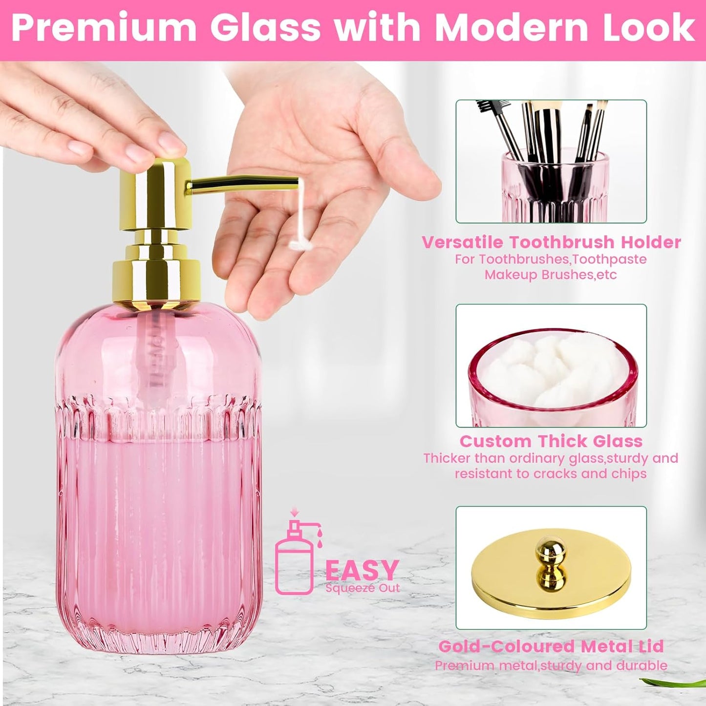 Bathroom Accessories Set,4 Pcs Pink Glass Bathroom Accessories Set with Toothbrush Holder,Lotion Soap Dispenser,2 Qtip Holder Dispensers - Countertop Organizer for Modern Bathroom Decor - Pink