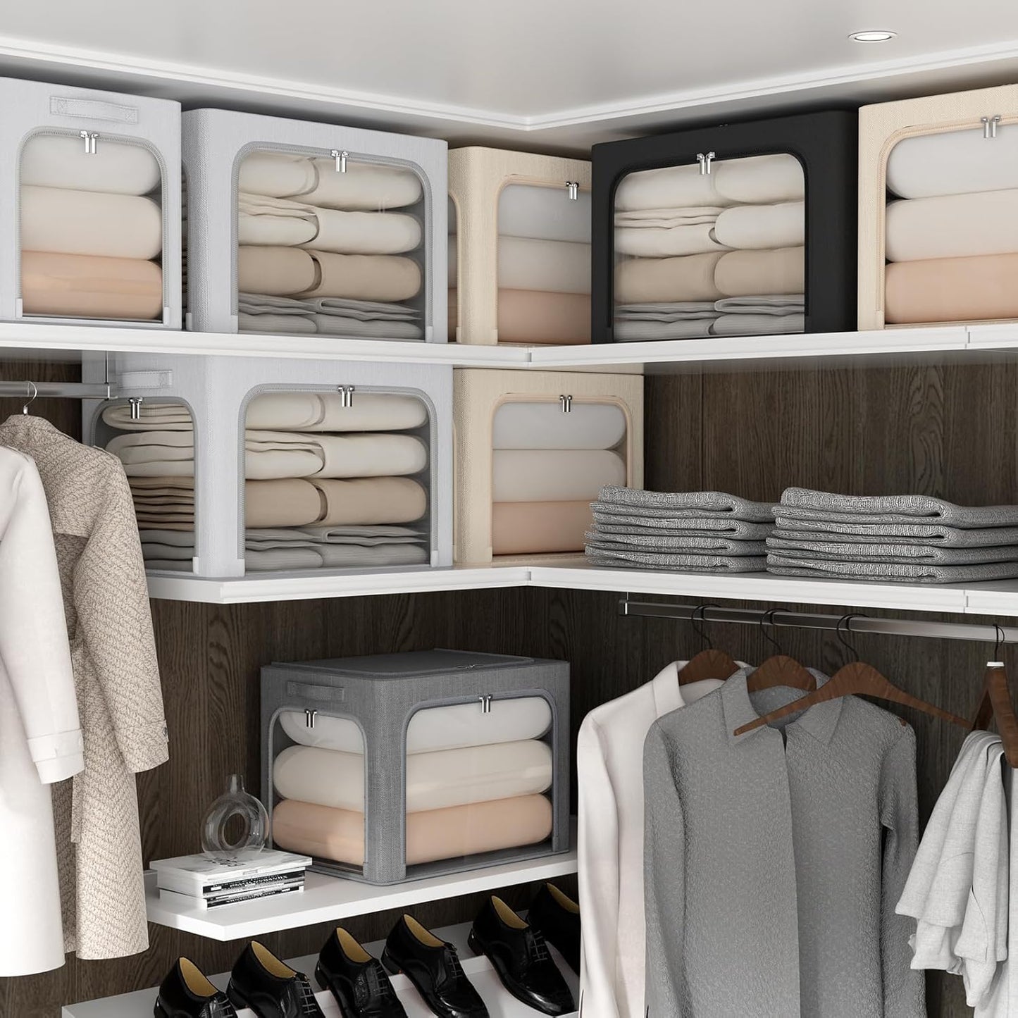 3Pack Stackable Foldable Storage Bin - Metal Frame Storage Box Clothing Storage Organizer with Clear Window, Carry Handles (66L-19.7x15.7x13in, Dark Grey)