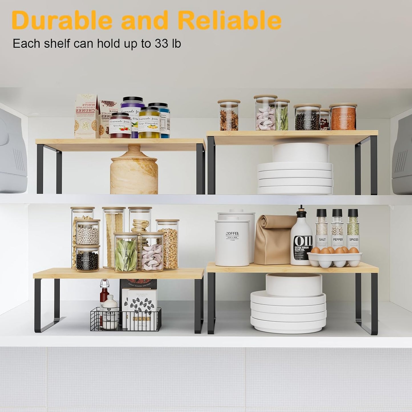 Cabinet Shelf Organizers, 15.7 inches Large Kitchen Counter Shelf, Set of 4 Wood Kitchen Pantry Organizer, Storage Shelves for Countertop, Spice Rack, Stackable, Expandable, Metal Black, Nature