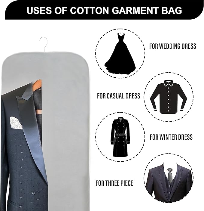 100% Cotton Garment Bag | Long | Breathable Garment Bags for Hanging Clothes | Garment Storage Bag for Long Dresses & Coats Storage | Pack of 1 (62 Inch)