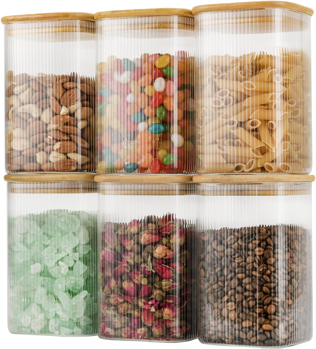 37oz Airtight Glass Square Storage Canisters with Bamboo Lids Set of 6 (1100ml) Striped Stackable Containers, Kitchen Jars for Pantry Noodles, Flour and Coffee beans (‎with Black Lable)