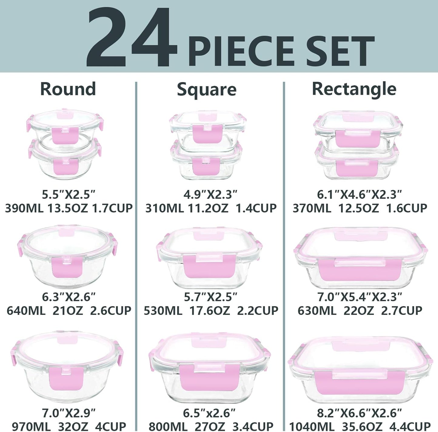 12 Pack Glass Meal Prep Food Storage Containers with Lids Airtight Stackable, Microwave, Oven, Freezer and Dishwasher Safe(Pink)