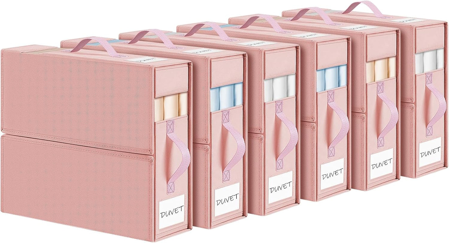 DIMJ Bed Sheet Organizers 6Pack, Folding Sheet Bedding Storage Organizer, linen closet organizer with Window Handle (Queen or King Size) for Bed Sheets Duvet Covers Pillowcases