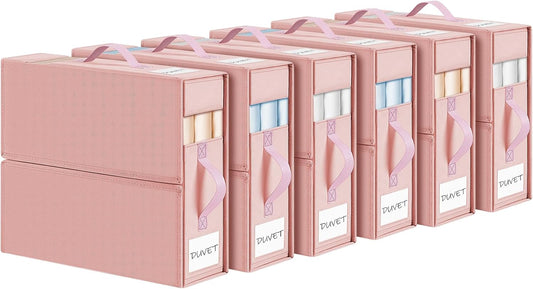 DIMJ Bed Sheet Organizers 6Pack, Folding Sheet Bedding Storage Organizer, linen closet organizer with Window Handle (Queen or King Size) for Bed Sheets Duvet Covers Pillowcases