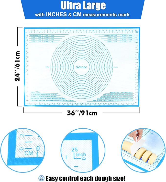 Extra Large Silicone Pastry Mat 36x24 Inch - Nonstick Baking Mats with Measurements, Great for Dough Rolling, Pastry, Pie Crust, Fondant, Cookies, Bread, Pasta, Pizza, Counter Mat
