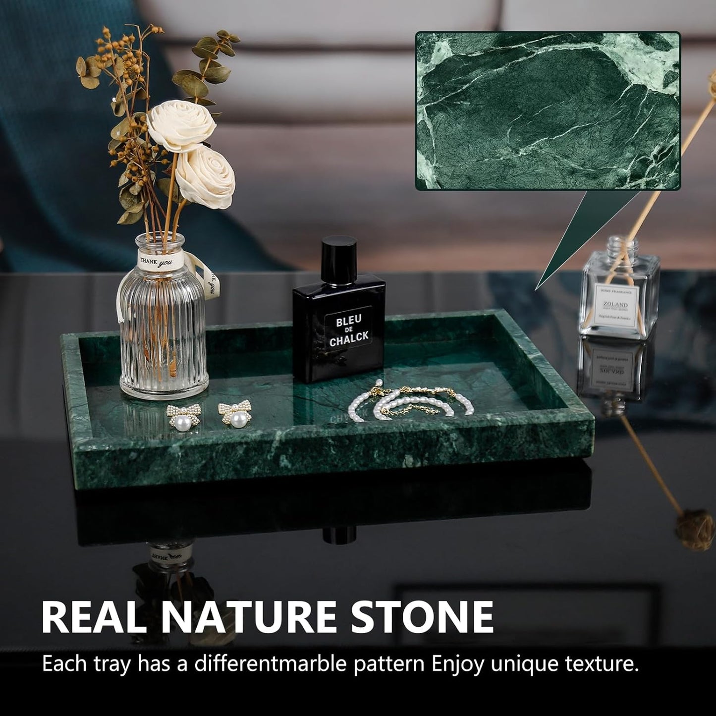 Real Natural Marble Tray for Bathroom, Vanity, Kitchen and Desktop, Rectangle Genuine Marble Stone Tray for Jewelry, Cosmetics, Candles, Lotion, Perfume and Home Decor