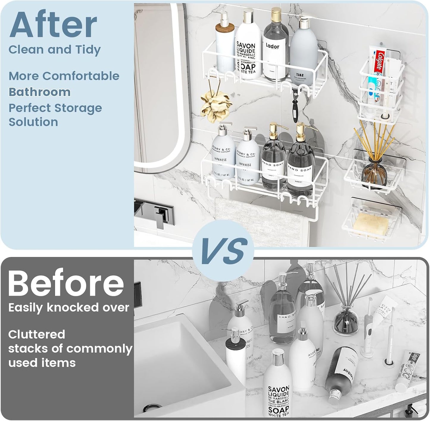 5-Pack Shower Caddy, Adhesive Shower Organizer, No-Drill Space Saving Shower Shelf with Soap Dish, Rustproof Shower Shampoo Holder for Kitchen & Bathroom Storage & Home Decor (White)