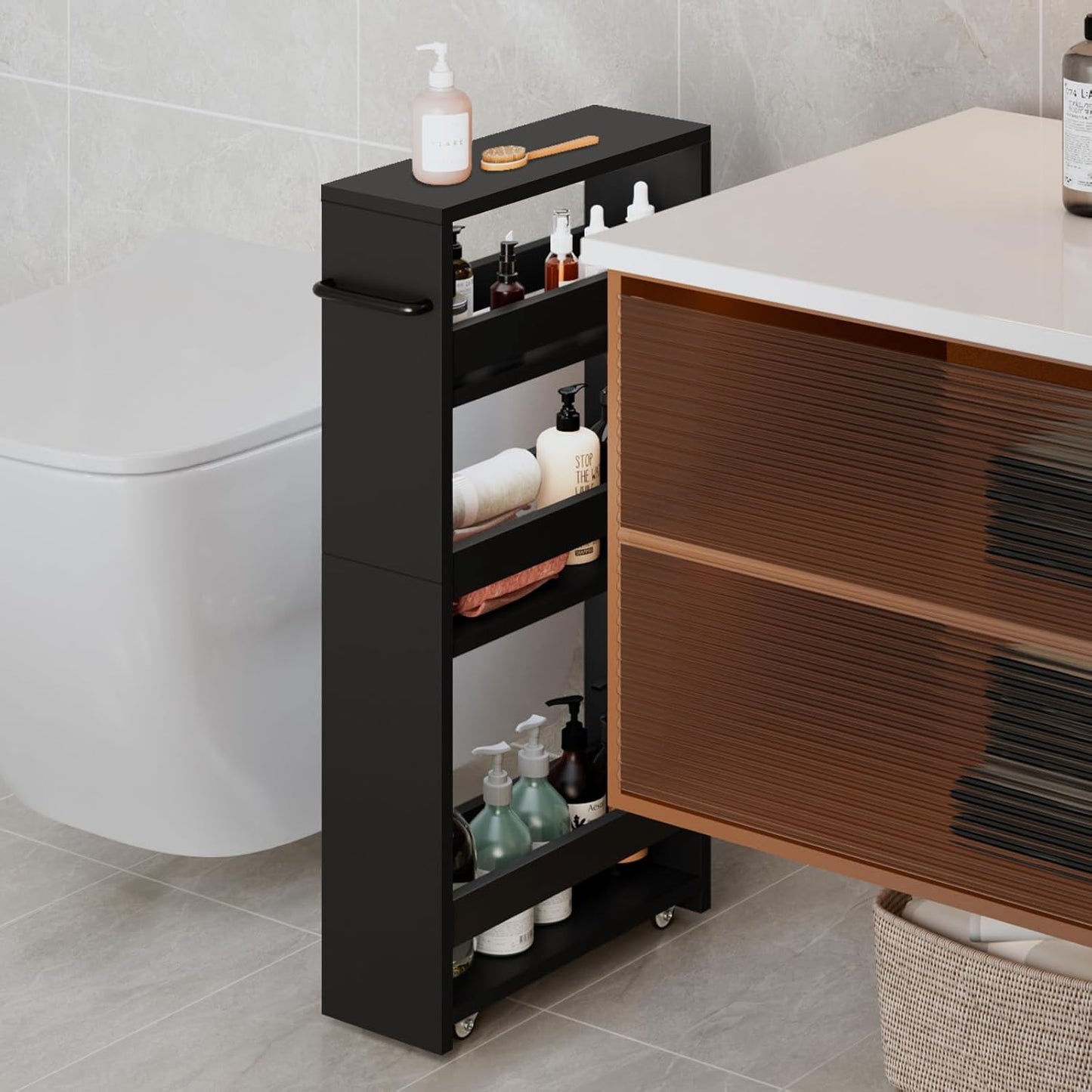 MARTY Slim Rolling Storage Cart 4-Tier Kitchen Cart with Wheels, Laundry Room Storage with Handle Slide Out Utility Cart Shelving Unit Organizer Trolley for Narrow Places Bathroom Small Corner, Black