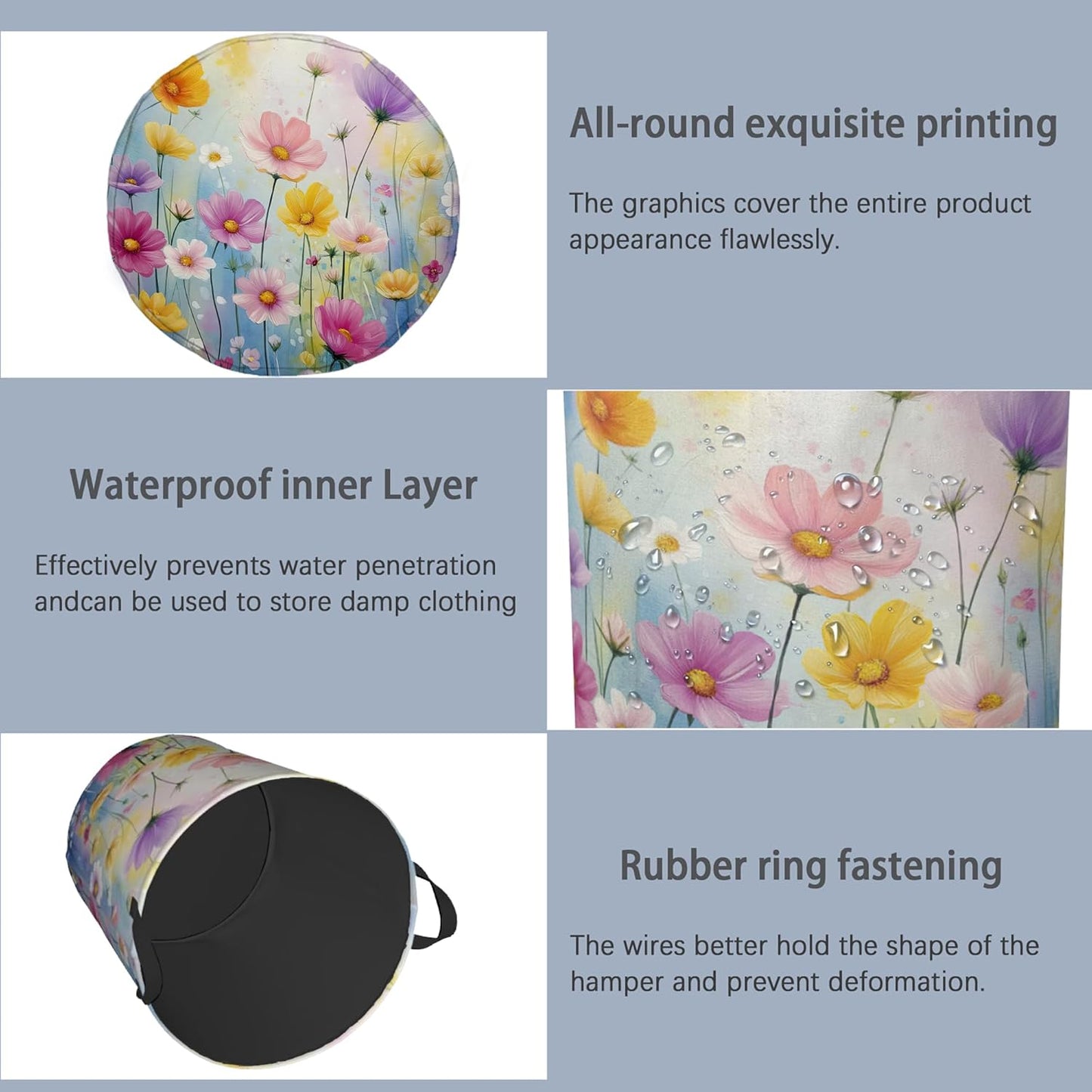 Retro Flowers Floral Laundry Hamper,Dirty Clothes Laundry Basket with Handles Waterproof Oxford Cloth Storage Basket for College Dorms Bathroom Bedroom 16" x 20.8"