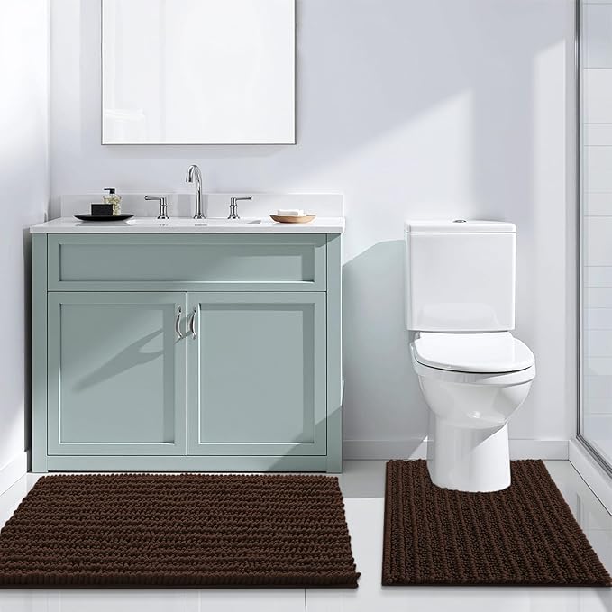 Arotive Luxury Chenille Toilet Rugs U-Shaped, Extra Soft Thick Absorbent Bathroom Mat, Non-Slip Shaggy Plush Contour Rugs, Machine Wash Dry Bath Mat for Toilet Base, 24x20, Brown