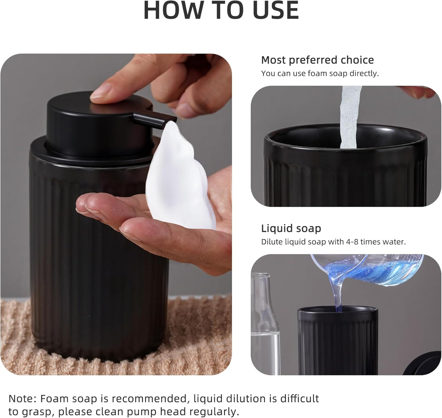 Ceramic Bathroom Accessories Set,Foam Soap Dispenser and Toothbrush Holder Set, Soap Dish, Apothecary Jars,Rustic Farmhouse Decor, Bathroom Home Decor (Black Set, Foam)