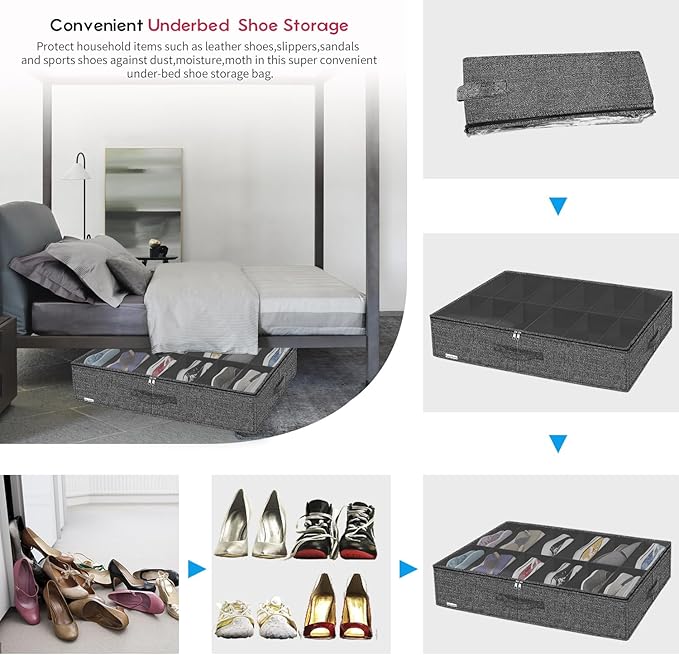 Sturdy Closet Under Bed Shoe Organizer Set of 2 (Fit 12+12 Pairs), Foldable Underbed Shoe Storage Box Bin with Zippers & Handles, Organizador De Zapatos, Linen-like Black, ZMXAUBSB2P