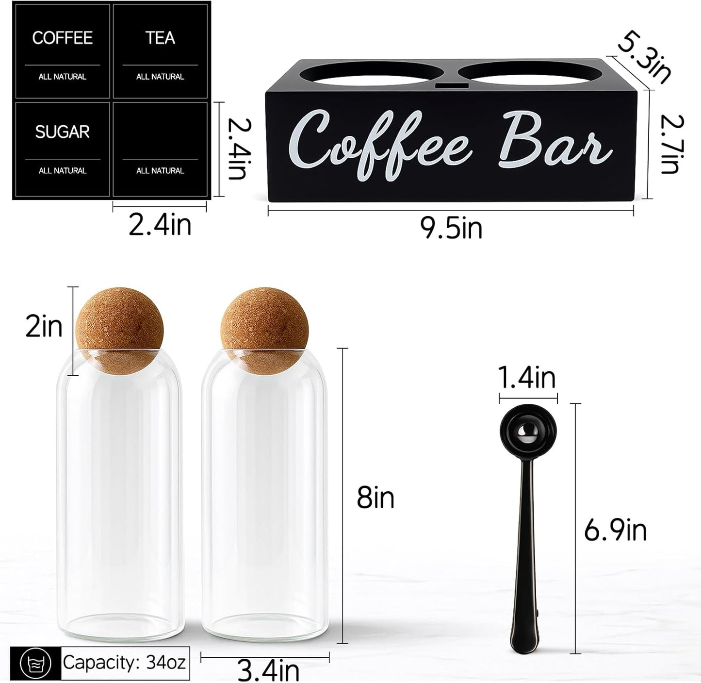 Coffee Container Set of 2 – 34oz Airtight Glass Coffee Bean Storage Jars with Wooden Lids, Metal Scoop & Wooden Base, Coffee Bar Organizer for Countertop, Tea & Sugar Canisters with Labels