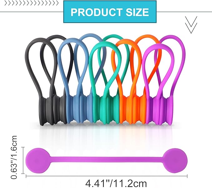 Kanemc Upgraded Magnetic Cable Holder, Silicone Cord Ties Bread Twist Ties Magnetic Cord Fasteners Cable Management Clips (10Pcs-Multicolor)