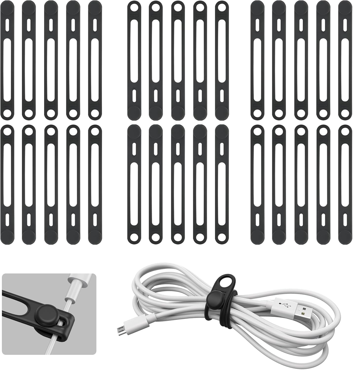 Kanemc 30-Pack Black Silicone Cable Ties Cord Organizer Reusable, Cord Wrap Wire Organizers Cable Strap for Electronics, Even As Curtain Tie Backs Bread Ties Cable Hook for Hanging