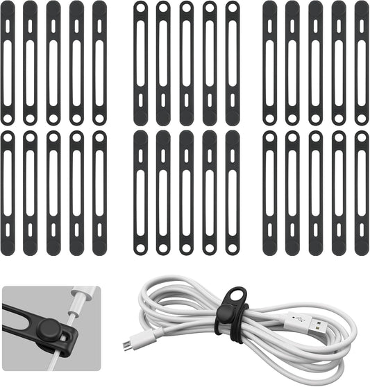 Kanemc 30-Pack Black Silicone Cable Ties Cord Organizer Reusable, Cord Wrap Wire Organizers Cable Strap for Electronics, Even As Curtain Tie Backs Bread Ties Cable Hook for Hanging
