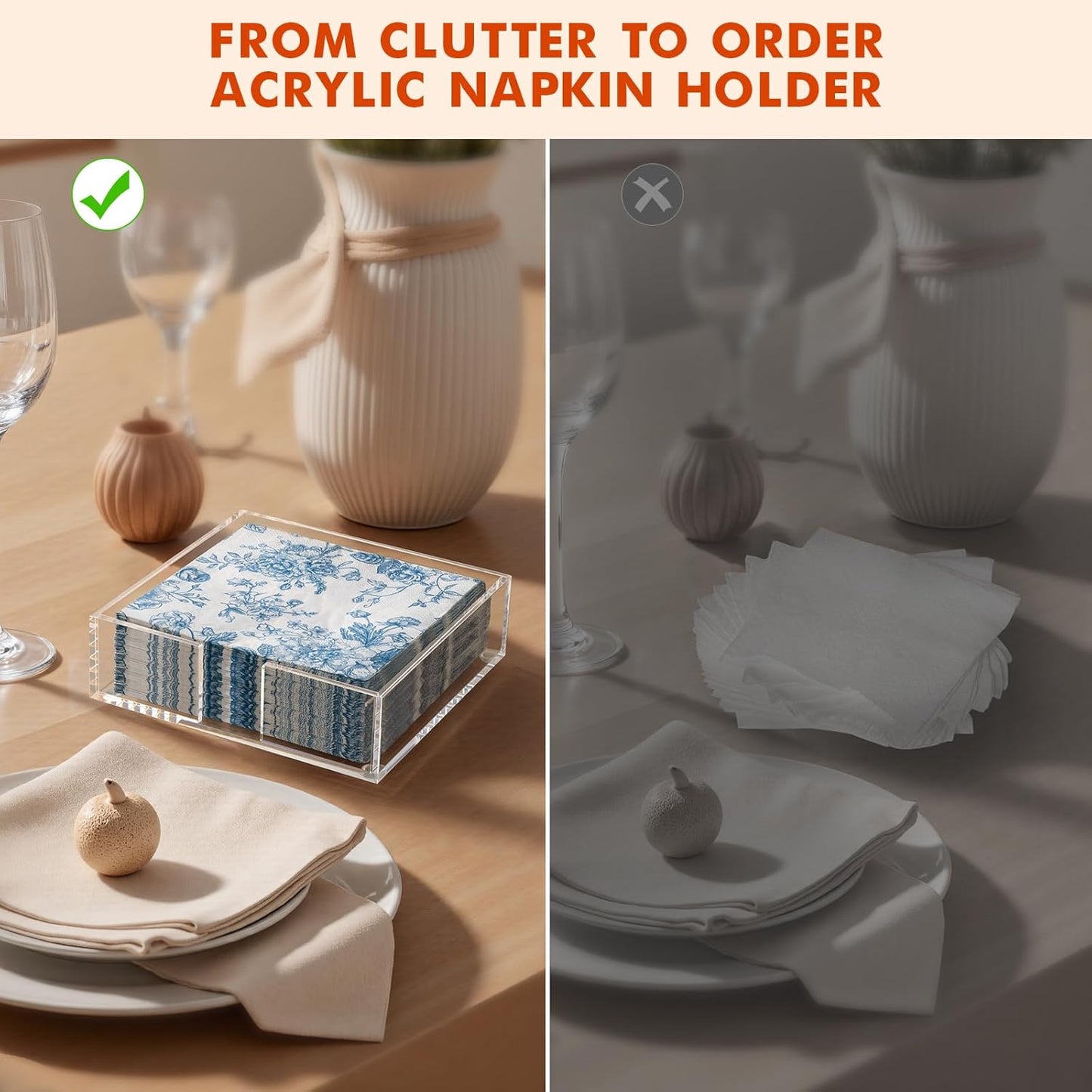 Acrylic Napkin Holder for Table, Clear Plastic Flat Napkin Holder, Modern Square Paper Napkin Holders for Kitchen, Dinner Table Guest Napkins Holder for Home, Hotel, Restaurant, Bar