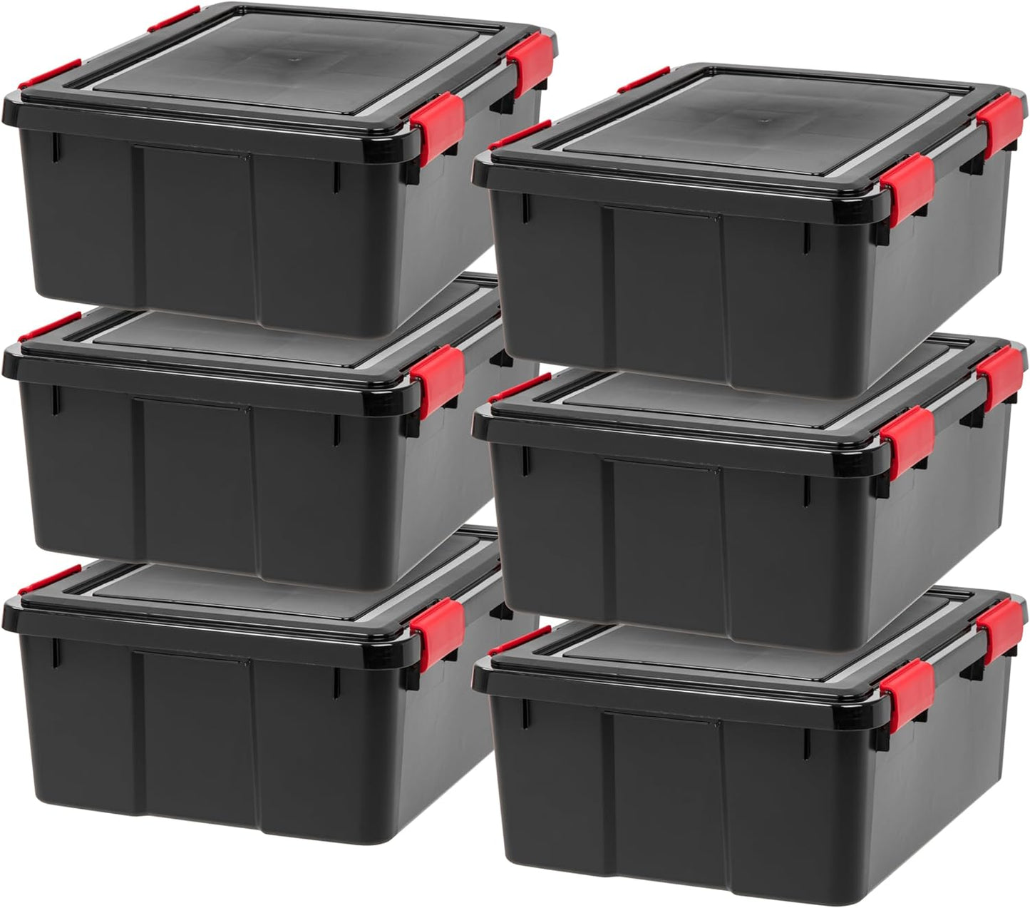 IRIS USA WeatherPro 31 Qt Storage Bins with Lids, 6 Pack, BPA-Free Plastic Gasket Box with Tight Latch and Seal, Stackable Nestable Tote Tub - Black/Red
