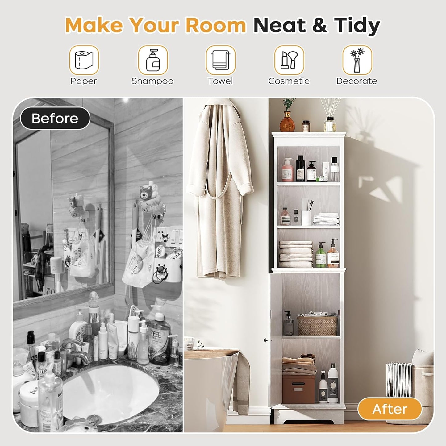 Tall Bathroom Storage Cabinet with Door and Open Adjustable Shelves, 60.9" H Wooden Tower Corner Narrow Farmhouse Cabinet, Freestanding Organizer for Kitchen, Entryway White