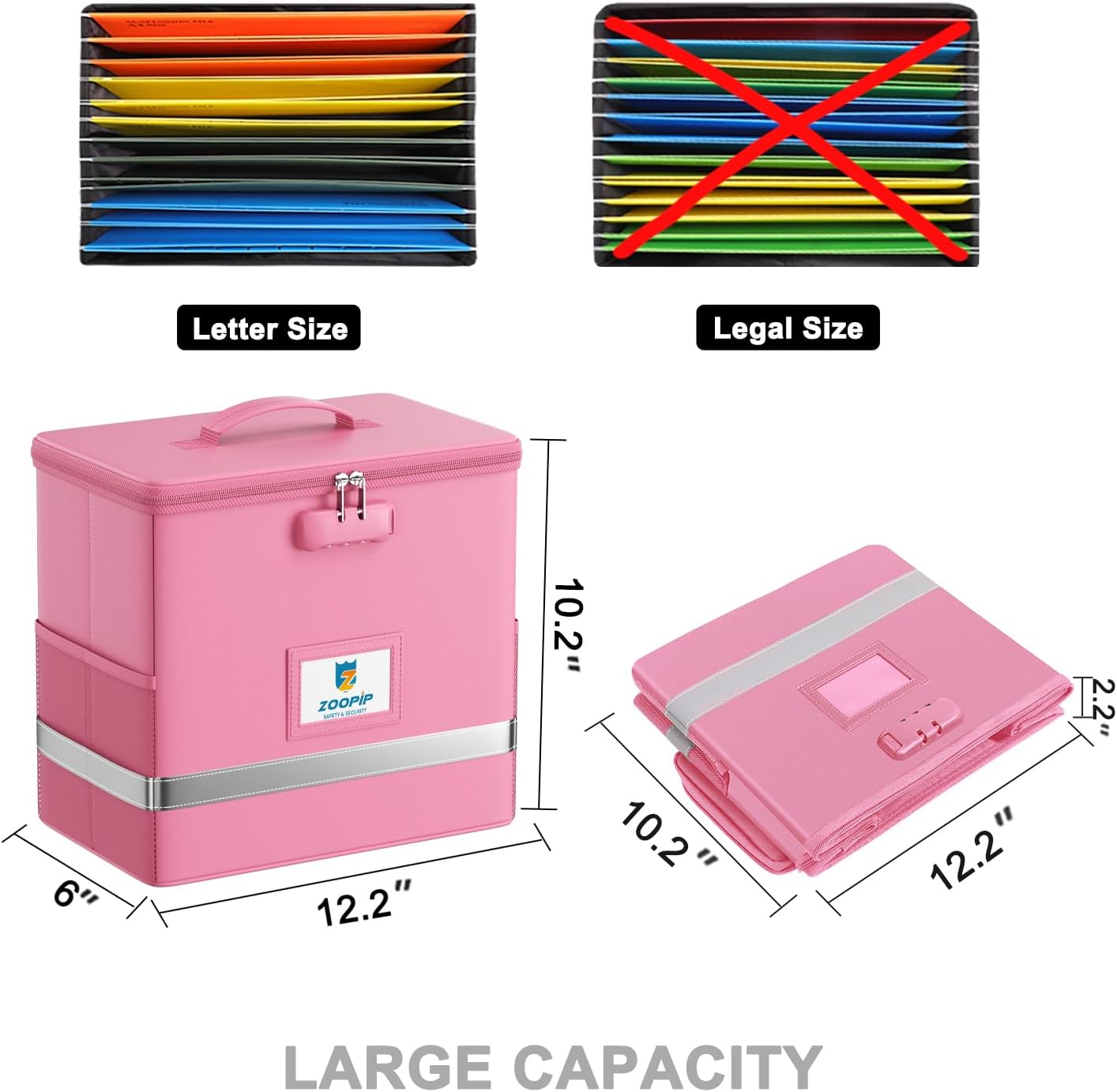 Fireproof File Box with Lock, Document Box Storage Organizer, Suitable for Hanging File Folders in Letter Size, Collapsible File Box, Reflective Strip for Fast Find (12.2"*6"*10.2, Pink)