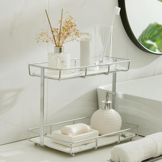 Bathroom Organizer Countertop Perfume Organizer Makeup Organizer Cosmetics Storage Display Rack Vanity Tray Dresser Stainless Steel Gold Shelf White Marble Ceramic Tray (2 Tier L-Sliver)