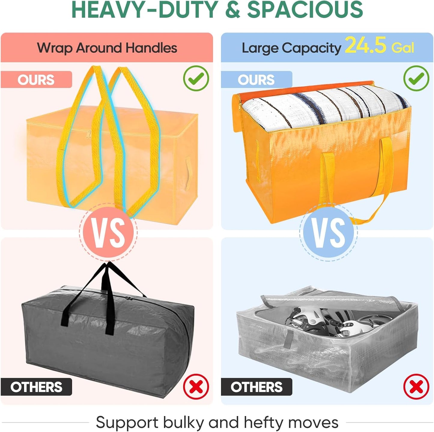 BALEINE 4-Pack Oversized Moving Bags with Reinforced Handles, Heavy-Duty Storage Tote for Clothes, Moving Supplies (Light Yellow, 4-Pack)