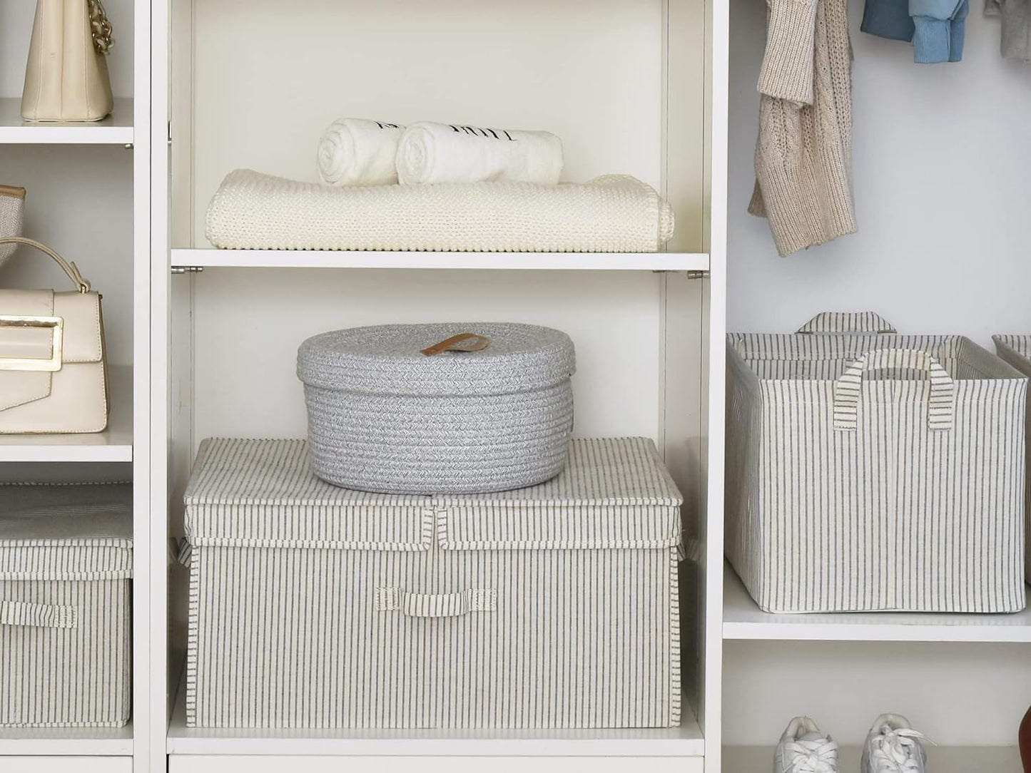 StorageWorks Extra Large Storage Bins with Lids, 55L Decorative Organizer with Divider Board, Fabric Boxes with Handles, Khaki and Beige Stripes, 2-Pack