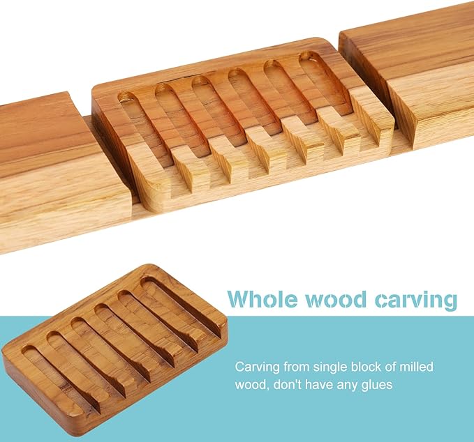 2PCS Self Draining Soap Dishes by HTB, Teak Wood Soap Holder, Soap Saver for Shower, Bathroom, Bath Tub, Kitchen Sponges, Easy Dry Extend Soap Life