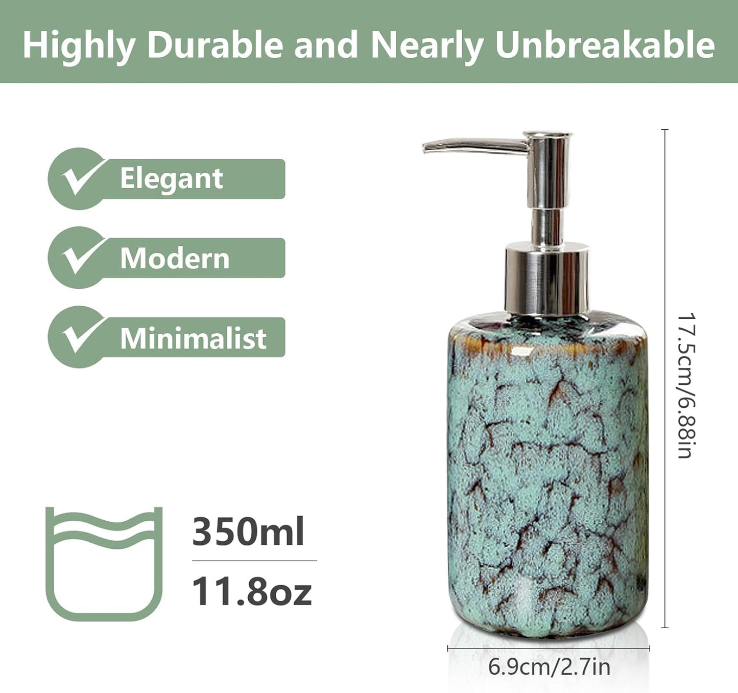 jessie Hand Soap Dispenser,Green Ceramic Liquid Hand Soap Dispenser with Pump,Modern Vintage Refillable Hand Lotion Pump Bottle for Bathroom Kitchen Set 11.8 oz (Green)