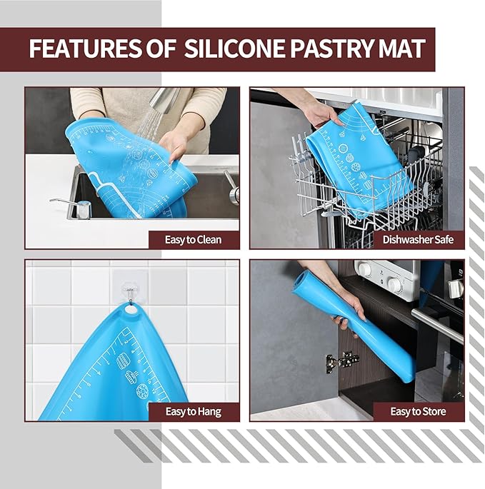 Silicone Baking Mat 20"L x 28"W, Extra Thick Dough Rolling Pad with Measurements and Edge Heightening, Non-stick Food Grade Silicone Pastry Mat for Pastry, Bread, Cookies