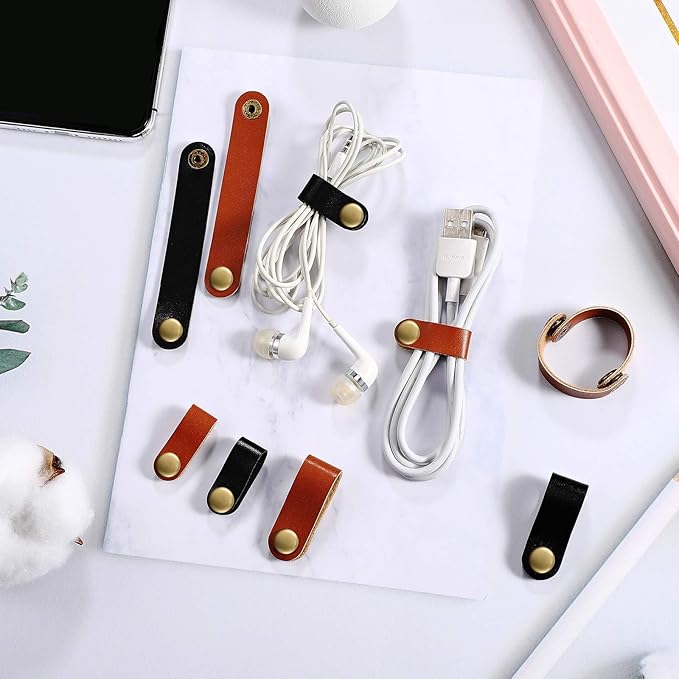 52 Pieces PU Leather Cable Straps, Earbud Cord Organizer, PU Leather Handmade Portable USB Cord Holder, Earphone Cable Tie Cable Management, for Travel, Home, School, Office (Black, Brown)