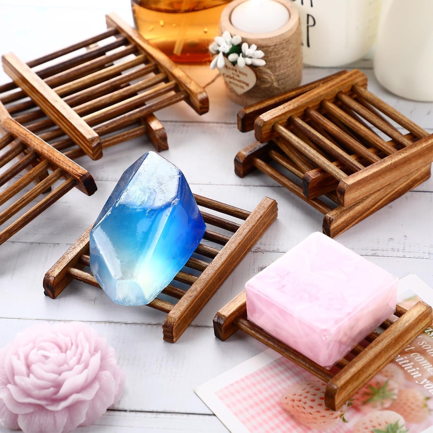 Sawysine 50 Pcs Bamboo Soap Holder Bulk Wood Soap Dish Bathroom Wooden Tray Saver Hand Craft Bathtub Self Draining Dish for Bar Kitchen, Gifts for Christmas, 2 Sizes(Charcoal Color)