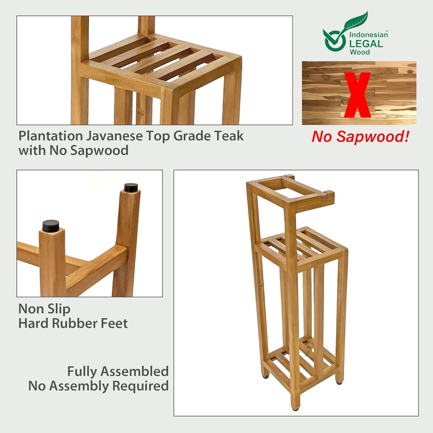 Solid Teak Toilet Paper Holder Stand with Shelf, Freestanding Bathroom Toilet Paper Roll Holder with Reserve, Standing Toilet Paper Holder with Storage, Fully Assembled, SpaTeak Collection, TB-702