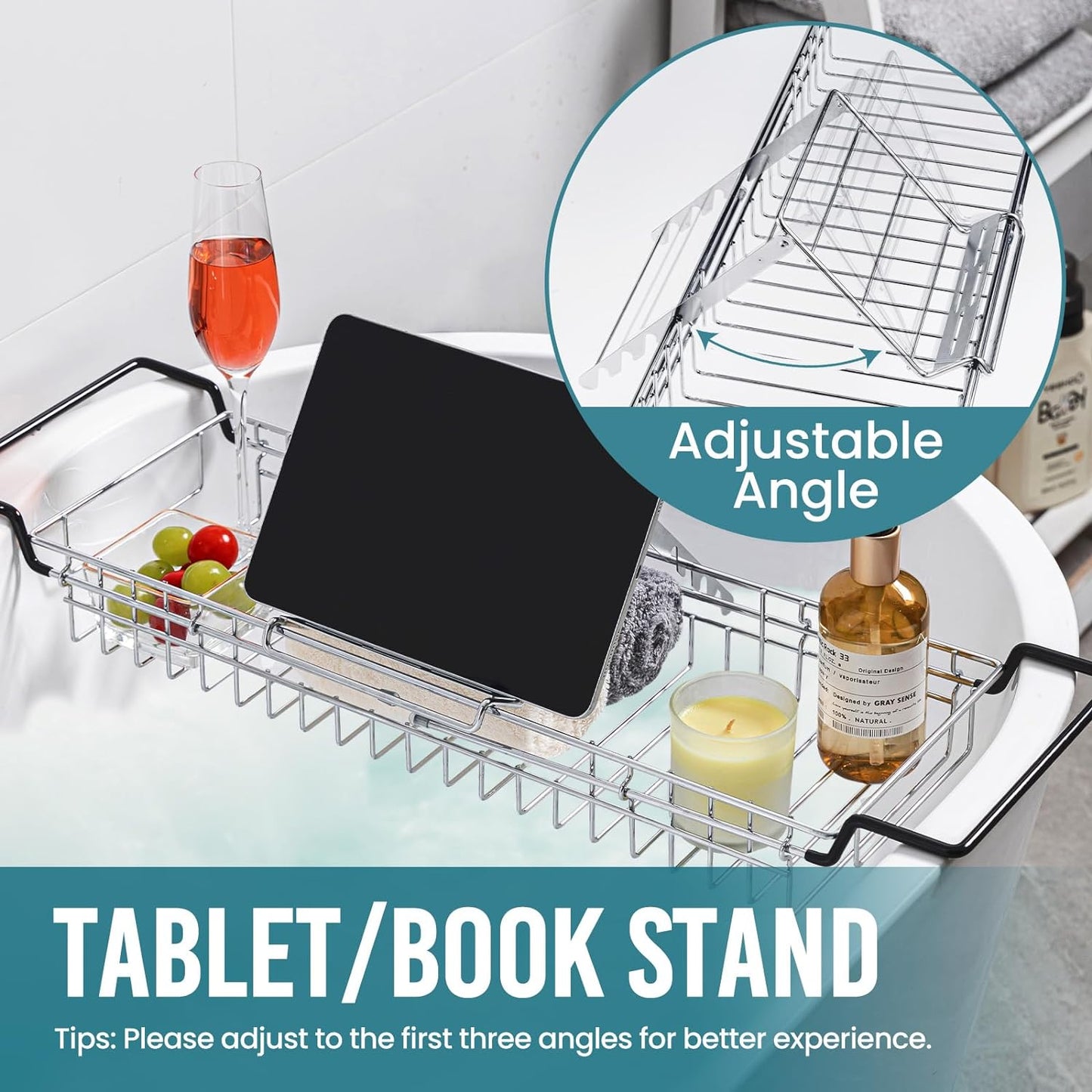 TAILI Bathtub Tray Table for Luxury Bath, Expandable Extra Wide Bthtub Caddy with Reading Holder, 304 Stainless Steel Over The Tub Bath Tray for Bathroom Accessories