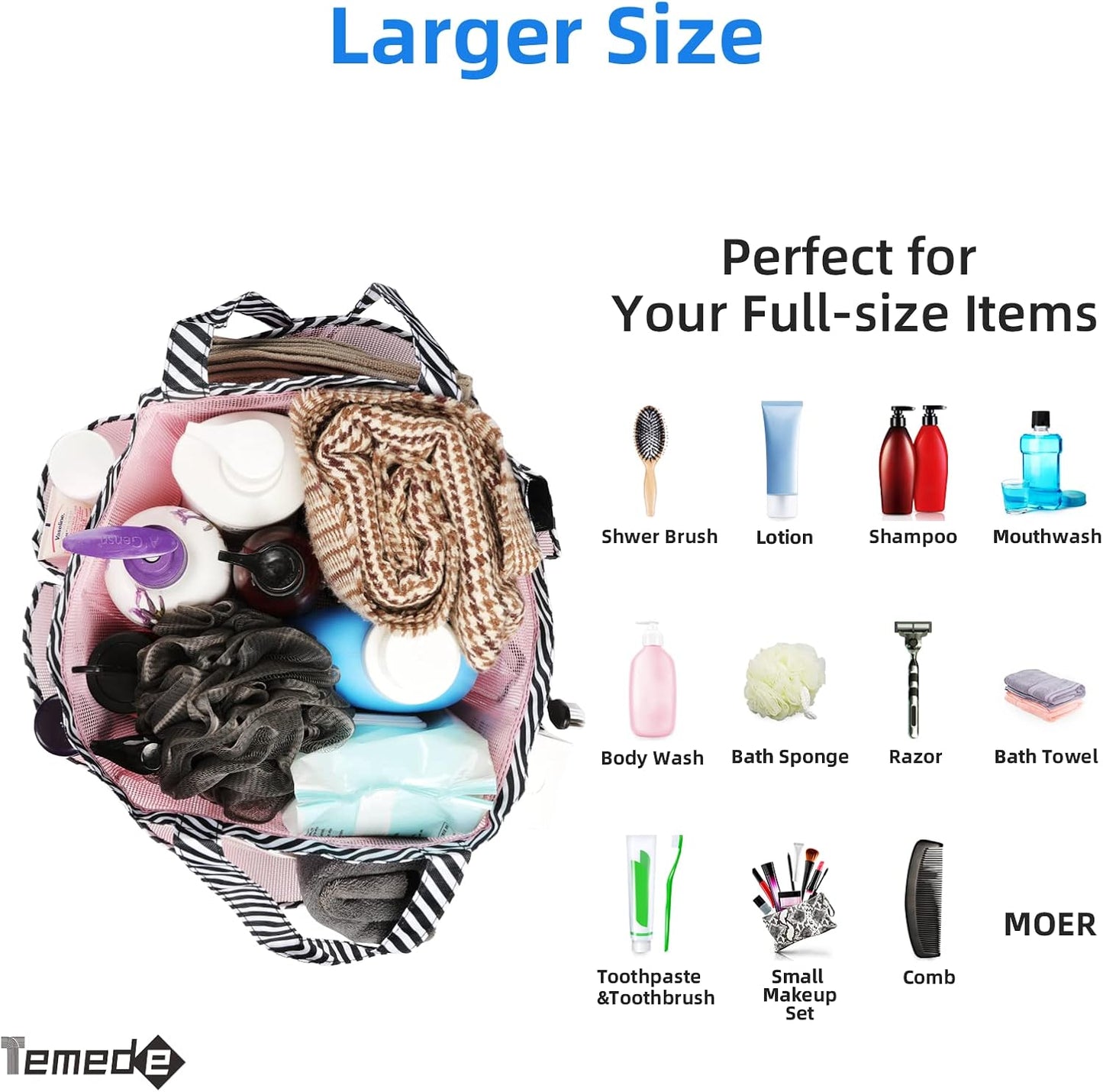 Temede Mesh Shower Caddy Tote, Large Shower Caddy Basket Portable, Quick Dry Hanging Toiletry Bag, 8 Storage Pocket Bath Organizer for College Dorm Room, Gym, Bathroom, Camp, Travel (Pink+Stripes)