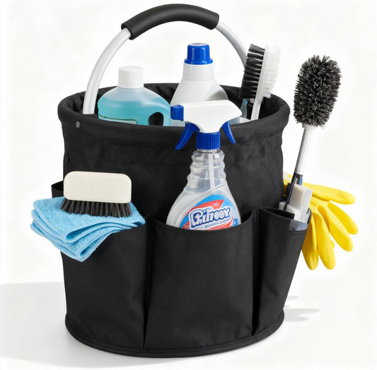 17L Foldable Cleaning Caddy with Handle - Portable Duty Tool Bag Cleaning Supply Organizer, Multi-Compartment Cleaning Bucket Storage Basket for Home Kitchen Bathroom (Black)