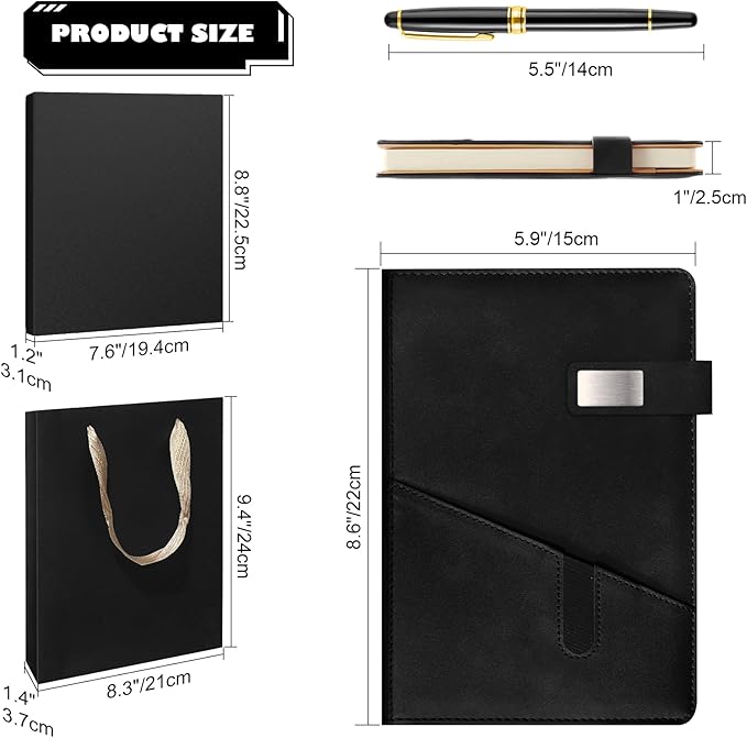 A5 Lined Leather Notebook and Pen Set with Gift Box, 240 Pages Refillable Journal with Pocket and Magnetic Buckle, Hardcover Daily Diary for Men and Women Business Travel Personal Writing- Black