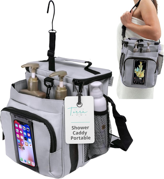 Portable Shower Caddy Bag- Large Capacity, Quick Dry with Metal Hook - Hanging Shower Bag - Breathable Mesh Toiletry Shower Tote for Gym and College Dorm (Grey, Extra Large)