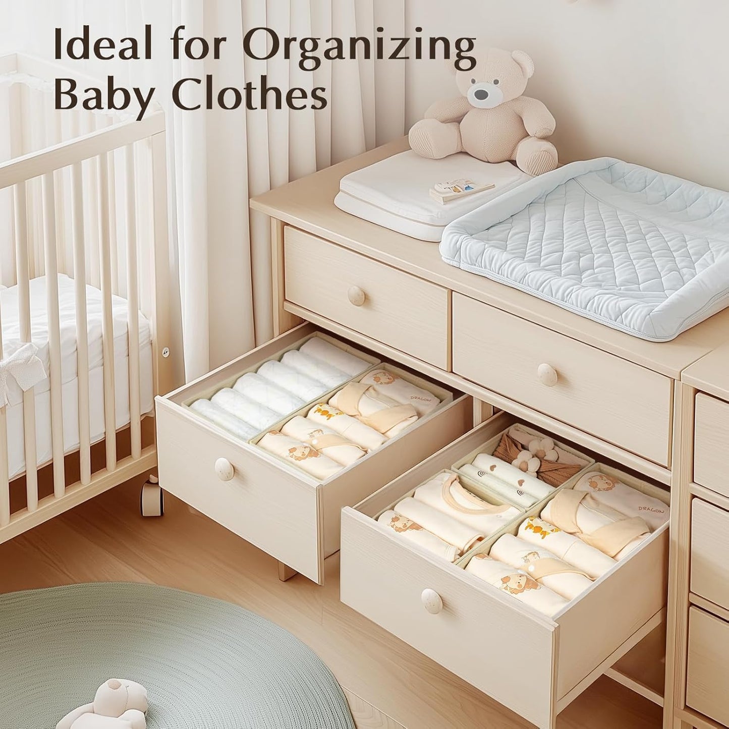 DIMJ Drawer Organizers Clothes, Set of 10 Dresser Organizer Bins, Fabric Closet Organizers and Storage, Shallow Drawer Dividers for Nursery, Clothing, Baby Clothes, Socks, Underwears, Tie (Beige)