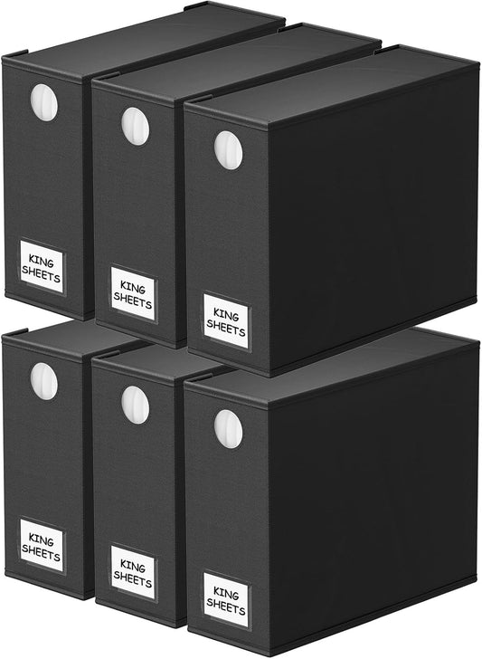 SpaceAid 6 Pack Bed Sheet Organizers and Storage, Foldable Sheet Organizer for Linen Closet, Sheets Set Folder Keeper with Window XL (Queen & King Size) Bedding Container, (Black, 6 Pack)