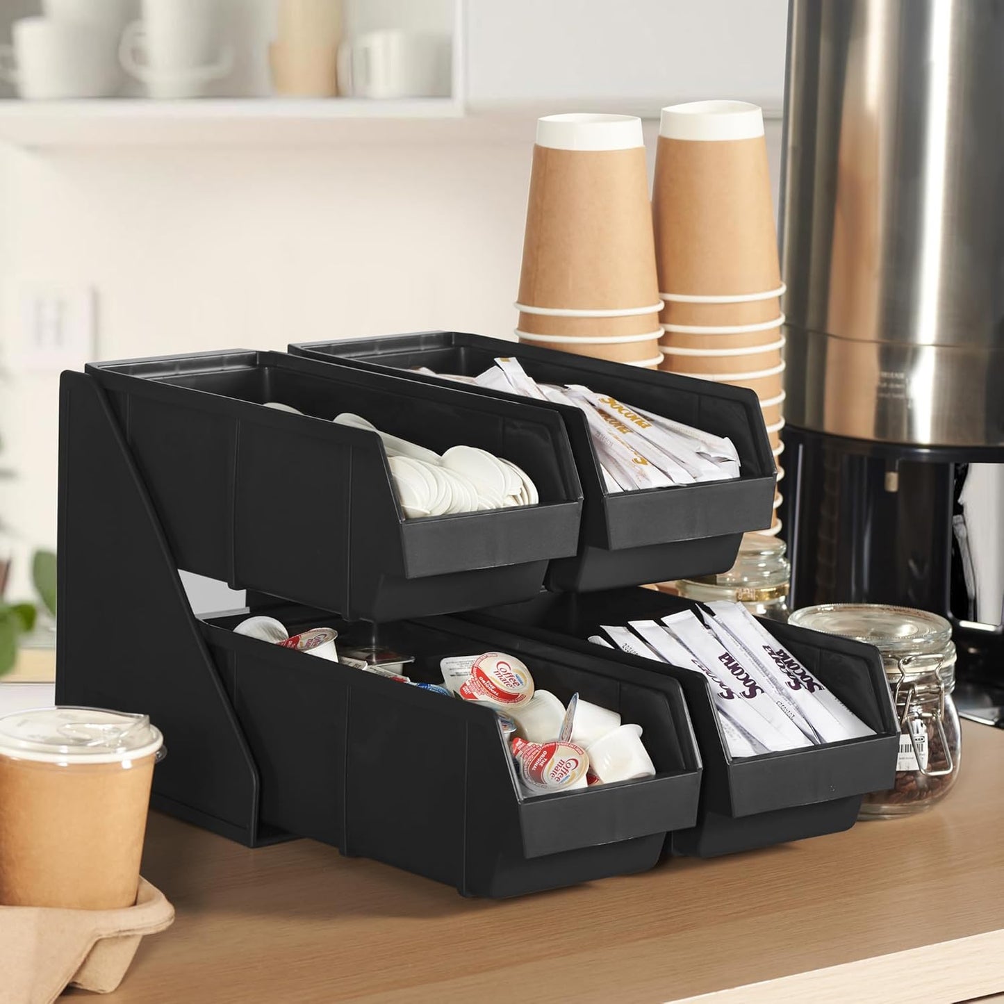 CURTA Black Self Serve Condiment Bin Stand Set, 2-Tier Stand with 8 Bins, 22.5" D x16" W x 9.5" H, Coffee Bar Beverage Station