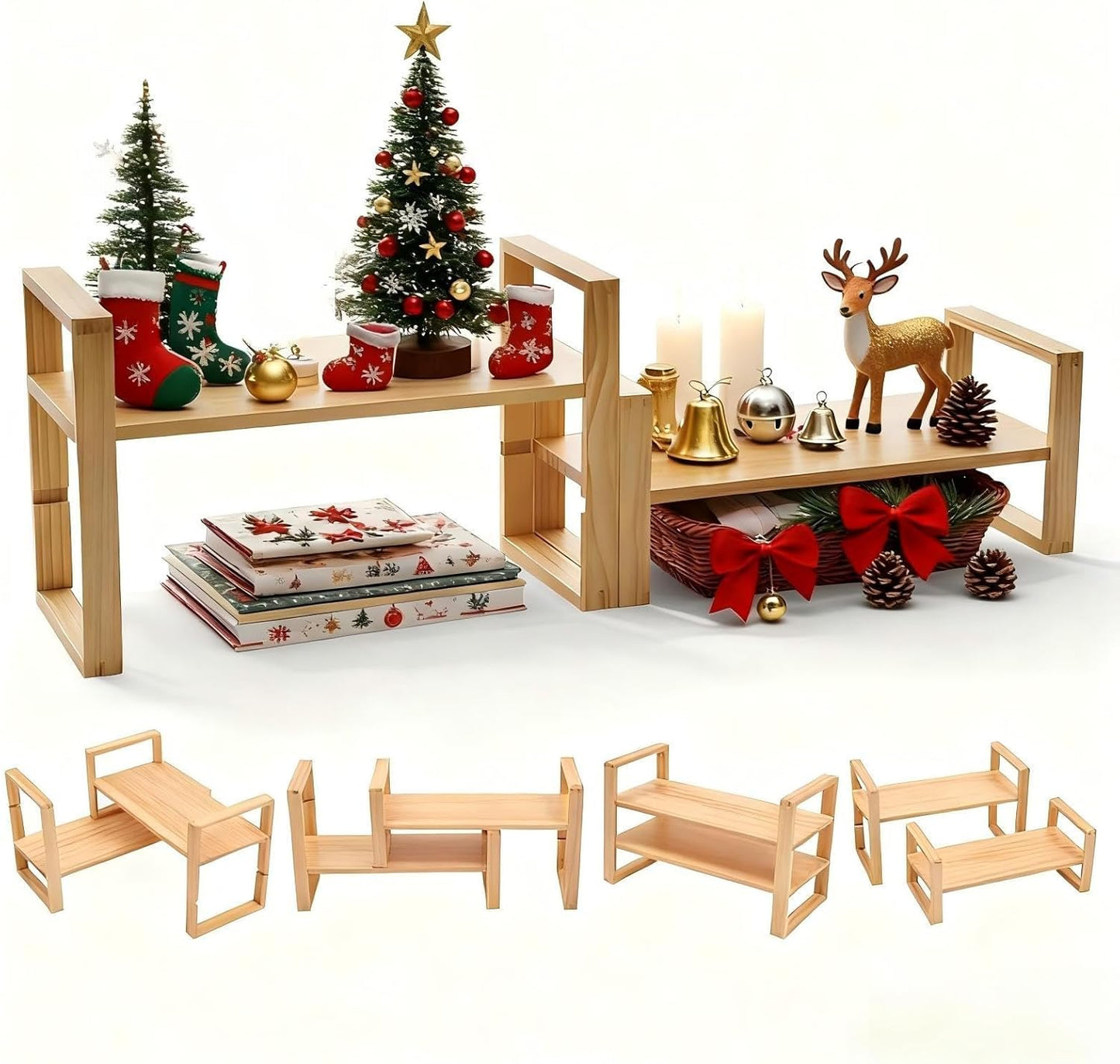 Upgraded Desktop & Off-Surface Shelves, No Tools Assembly Interlocking Joints for Enhanced Stability, Solid Pine Wood, 130lb Load Capacity for Office, Books, Bathroom Storage