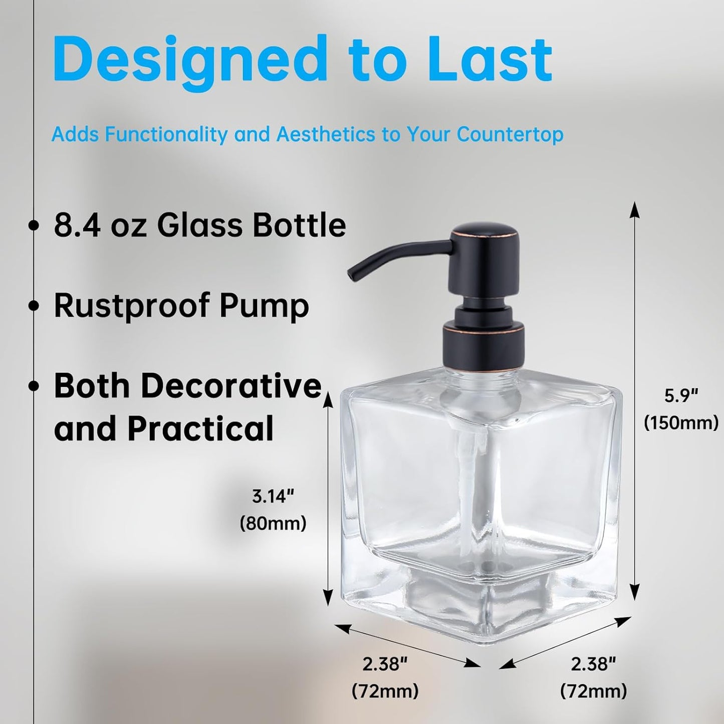 Square Bathroom Soap Dispenser Oil Rubbed Bronze, Glass Bottles with Stainless Steel Pump Retangle Cube Liquid Soap Dispenser Hand Kitchen with Waterproof Lables