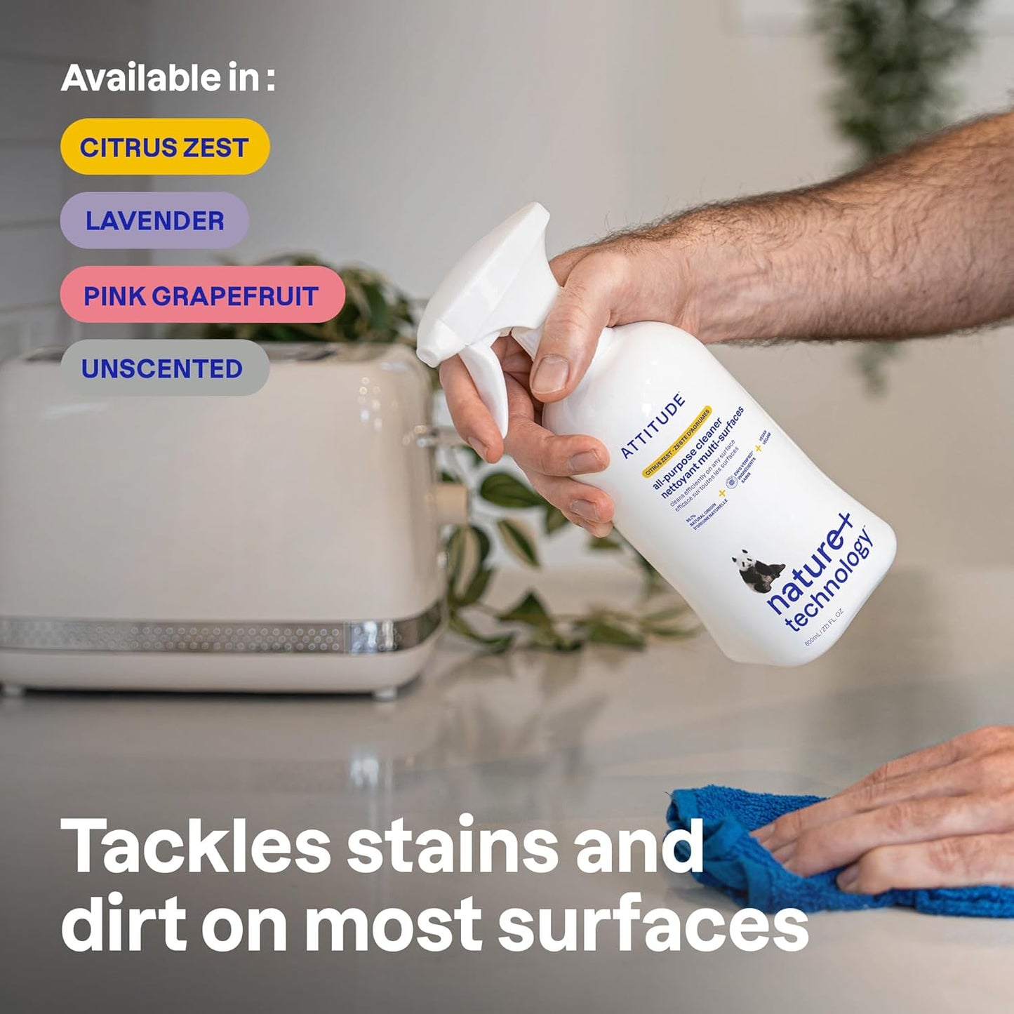 ATTITUDE All Purpose Cleaner Spray, EWG Verified, Vegan, Made with 94% Plant-Based Ingredients, Streak-Free for Kitchen, Bathroom, Glass & More, Lavender Scent, 27.1 Fl Oz