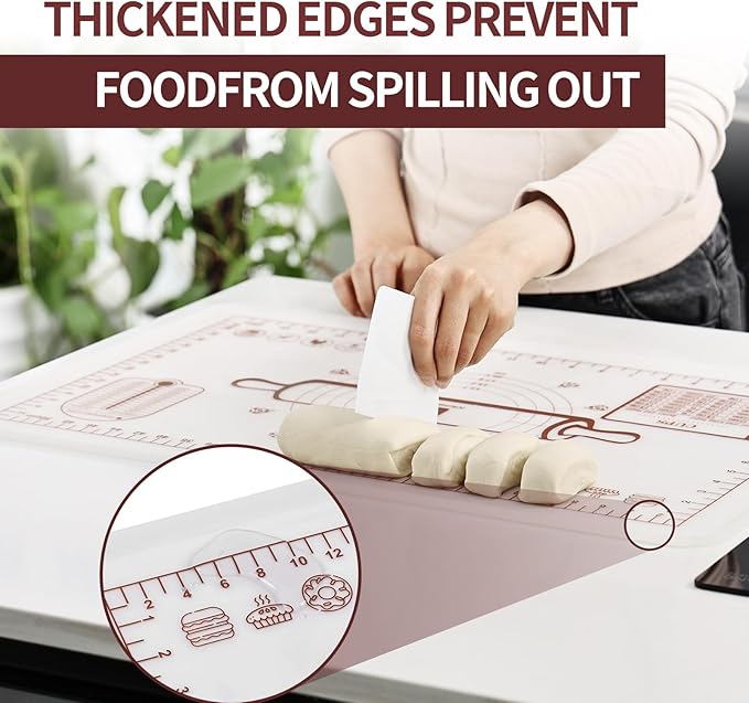 Silicone Baking Mat, Extra Thick Dough Rolling Pad with Measurements and Edge Heightening, Non-stick Food Grade Silicone Pastry Mat for Pastry, Bread, Cookies (Transparent, 16"L x 24"W)