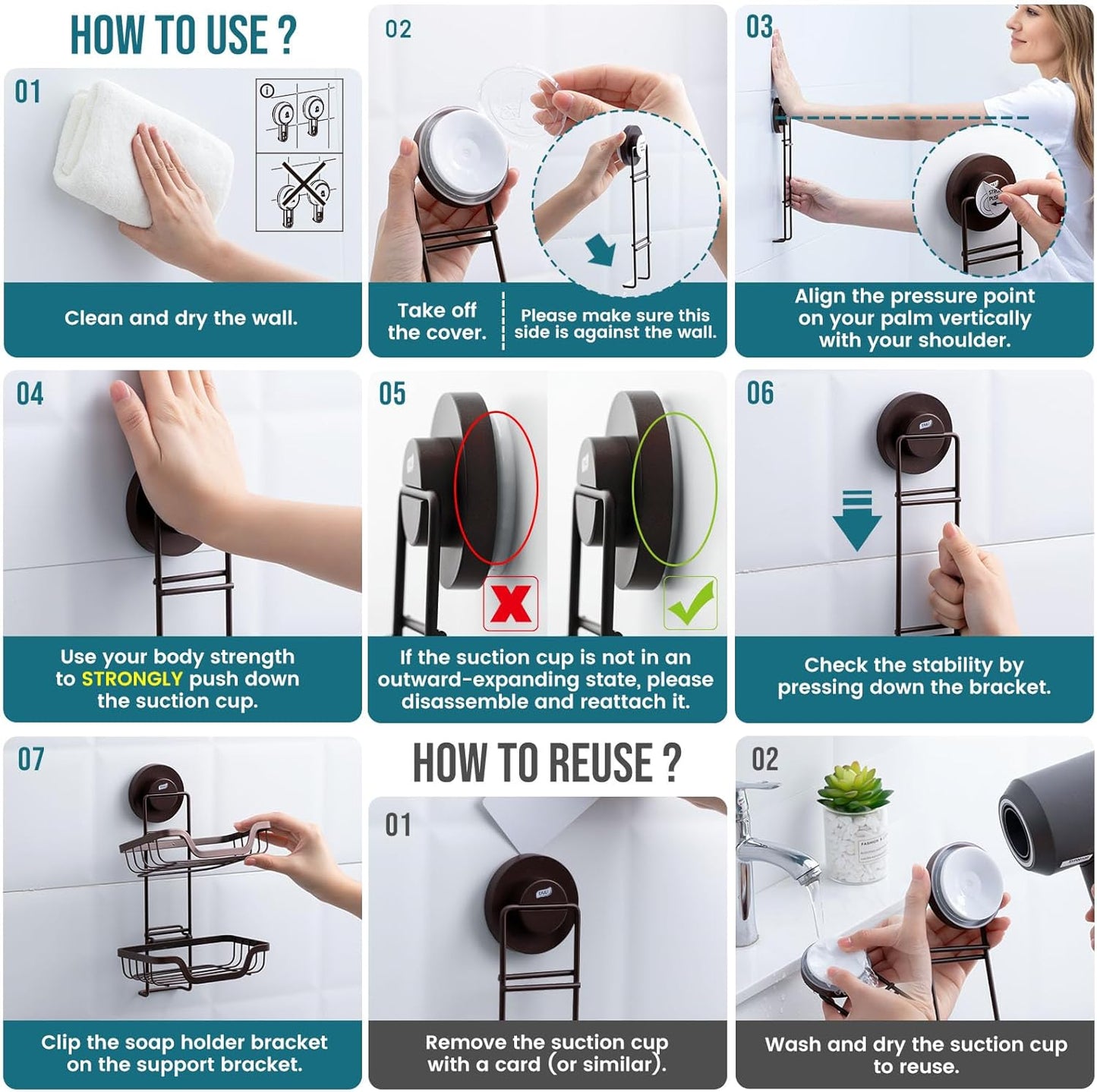 TAILI Double Layer Soap Holder, Bar Soap Dish Suction Cup for Shower Wall, Draining Saver Tray for Bathroom, Rustproof Stainless Steel Sponge Holder for Tub, Kitchen, Drill-Free, Brown