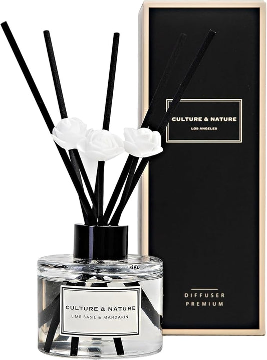 CULTURE & NATURE Reed Diffuser Set 4oz (120ml) Lime Basil & Mandarin Scented Diffuser with Sticks Home Fragrance Reed Diffuser for Bathroom Shelf Decor