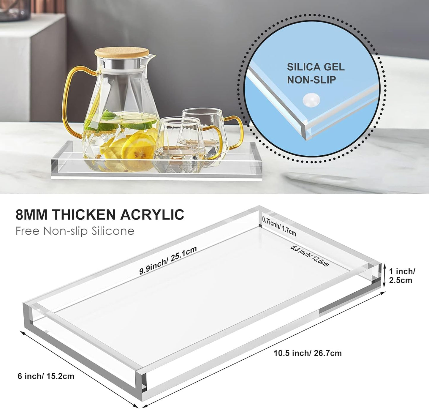 Vanity Tray 8mm Thicken Clear Acrylic Organizer Tray 10.5 * 6" for Bathroom Sink Countertops, Dresser Tops, Toilet, Perfume, Soap, Rings, Earrings and Necklace Small Decorative Tray for Home