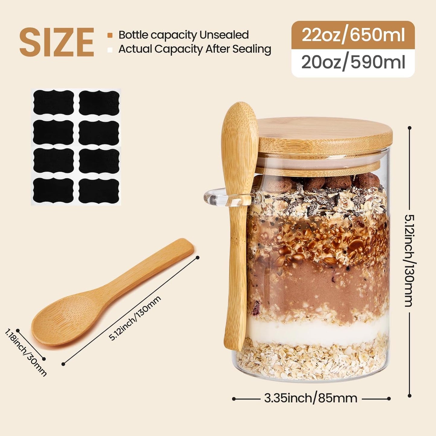 6 Pack Overnight Oats Containers with Bamboo Lids and Spoons - 22 oz Airtight Glass Jars with Lid, Meal Prep Jars for Chia Pudding, Yogurt, Salad, Cereal, Coffee, Flour | Food Storage Canister