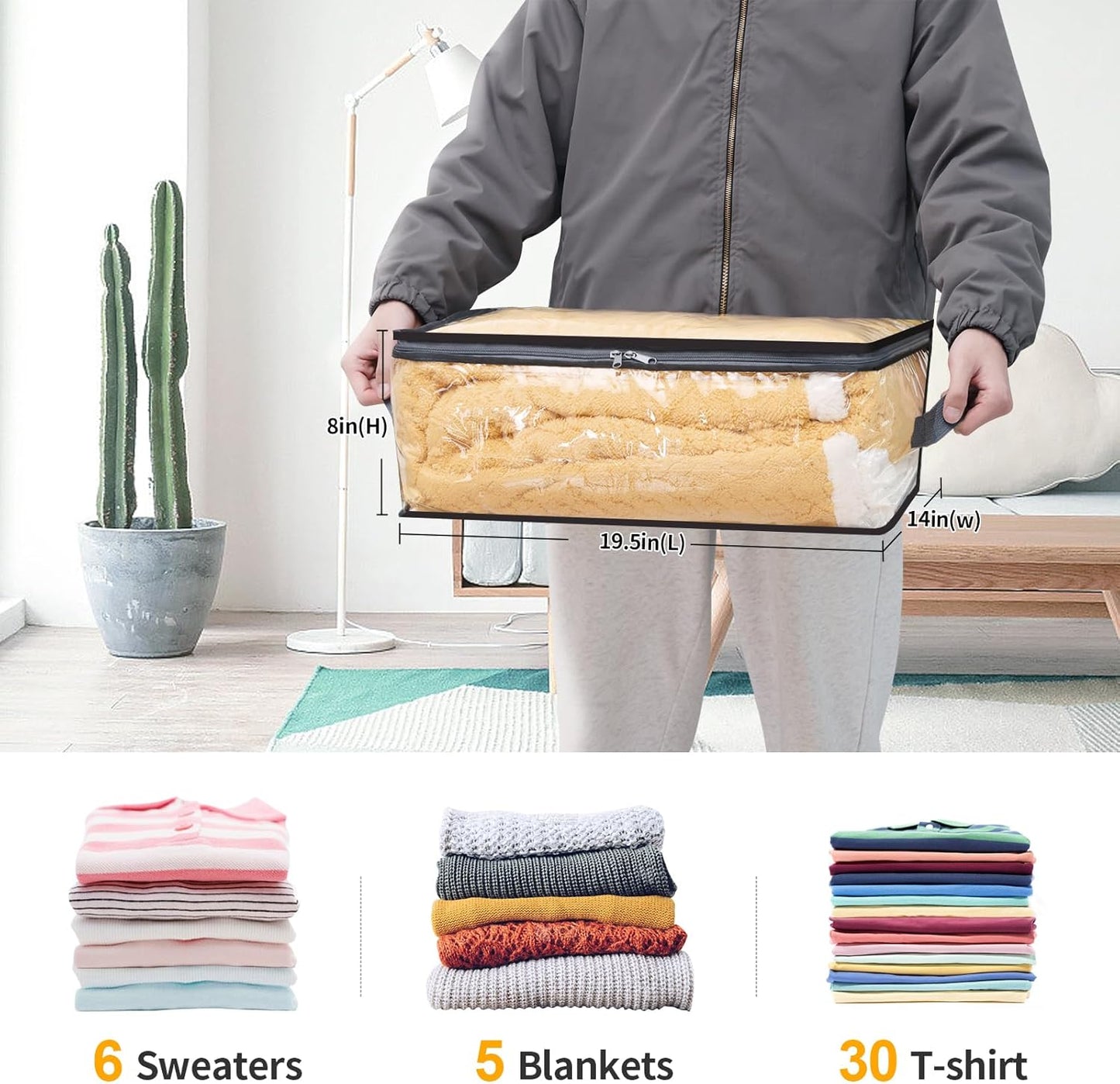 Fixwal 6pcs Clear Blanket Storage Bags with Zipper, Plastic Storage Bags for Closet Clothes Comforter Toys Sweaters Bedding, Bed Sheet Organizers (35L, 9.5 Gallons)